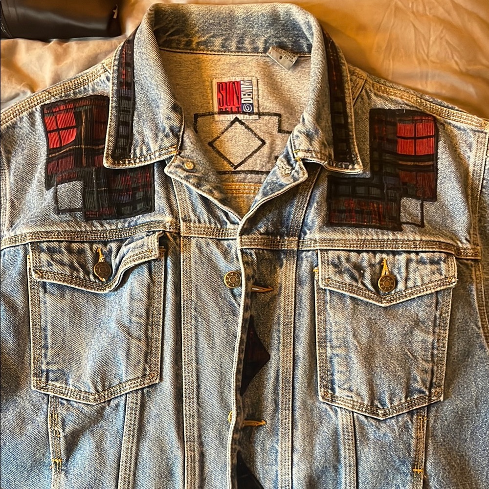 Denim Jacket with Red and Black Accents